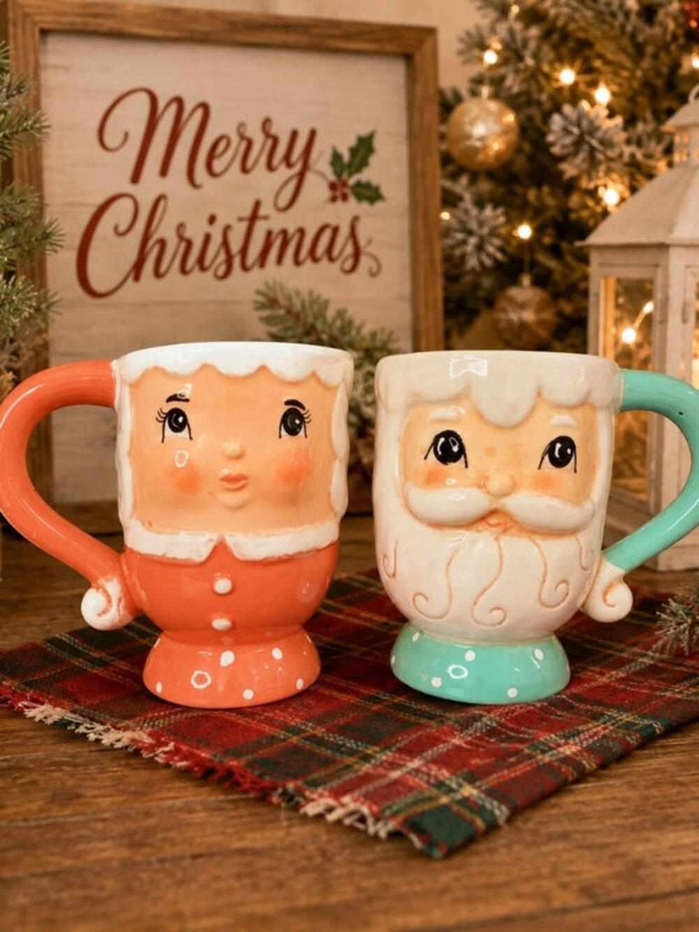 Johanna Parker Mr & Mrs Claus Mug Set Retro Christmas Ceramic Mugs NIB